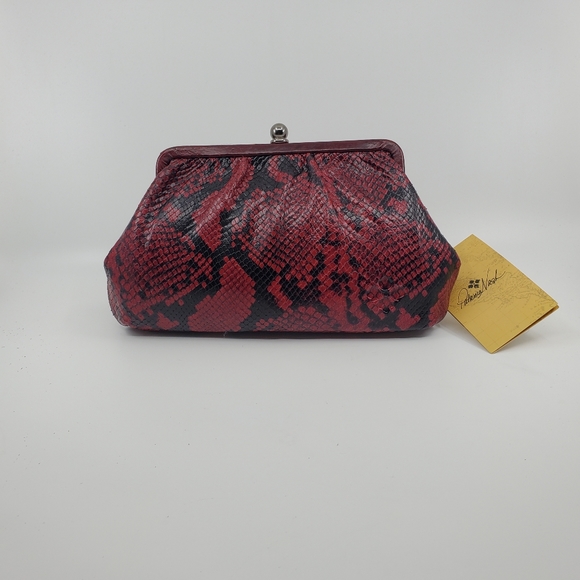 Patricia Nash Berry Red and Black Frame Italian Python Bag with Silver Chain - Picture 1 of 12